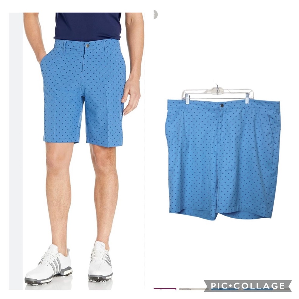 Adidas Light Blue Ultimate 365 Stretch Golf All Over Logo Print Golf Shorts 42”